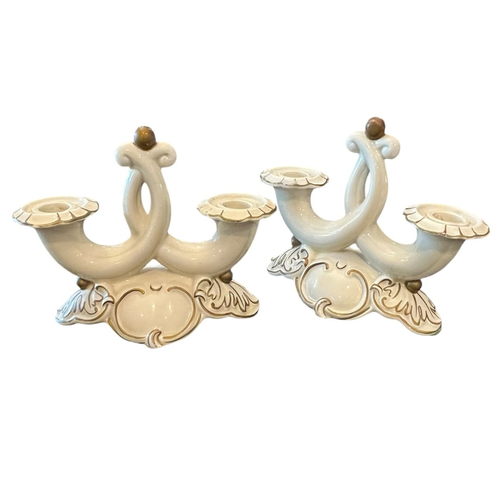 Set Of German Ivory & Gold Candle Holders Gerald & Co Vintage Classic Wedding‎